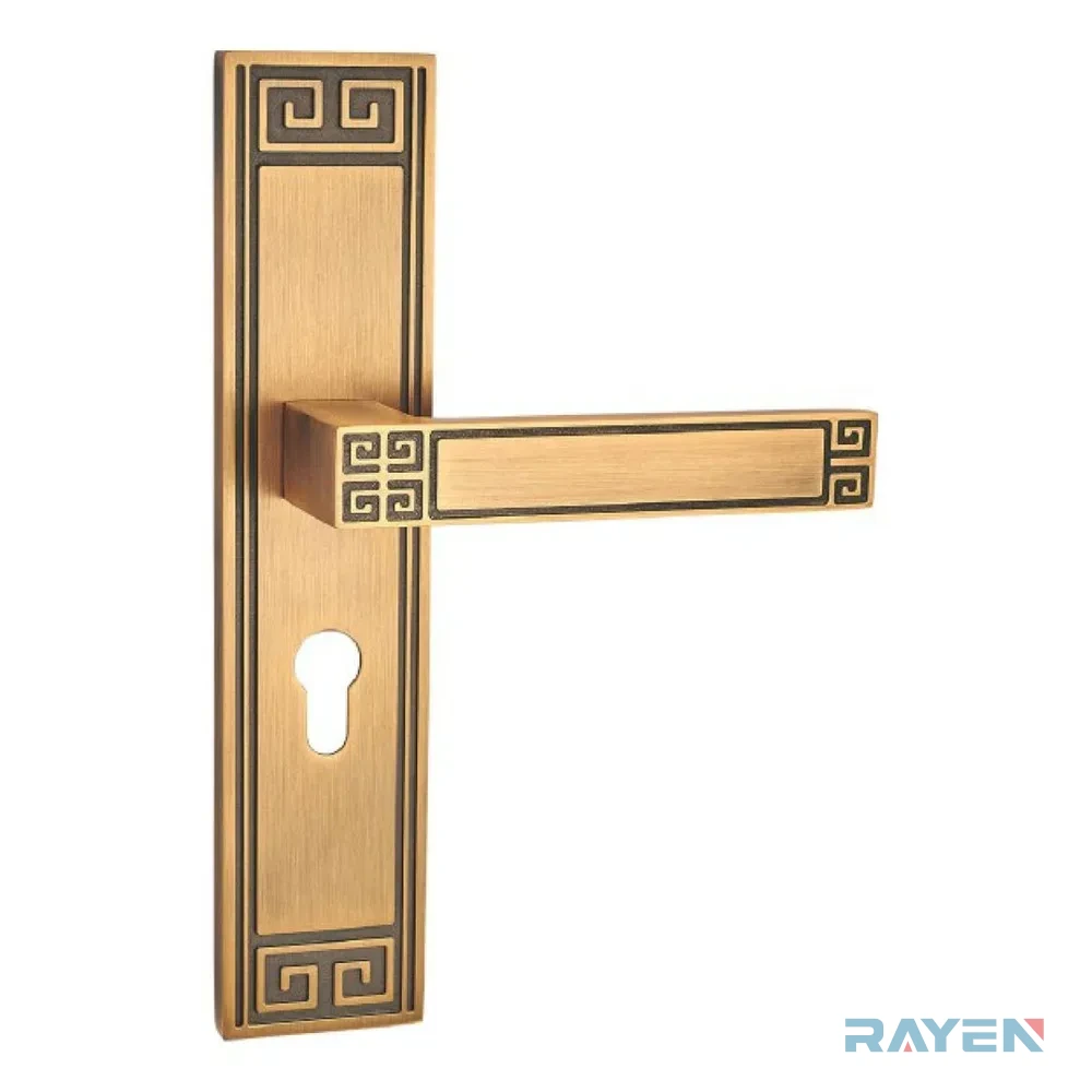 5039-340 Lever Handle on Backplate, Antique Yellow Brass