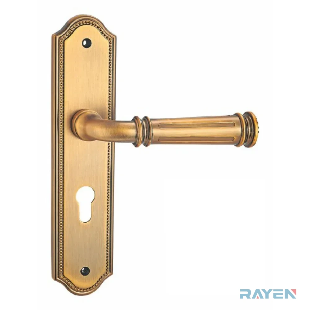 58177-785 Lever Handle on Backplate, Antique Yellow Brass