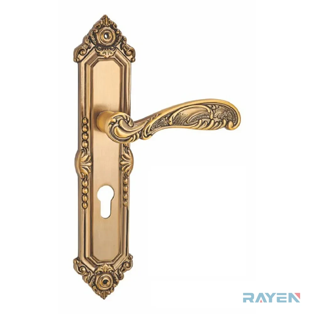 72133-712 Lever Handle on Backplate, Antique Yellow Brass