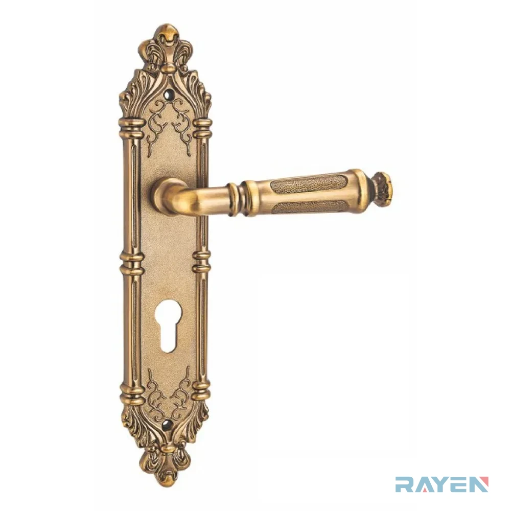 7284-578 Lever Handle on Backplate, Antique Yellow Brass