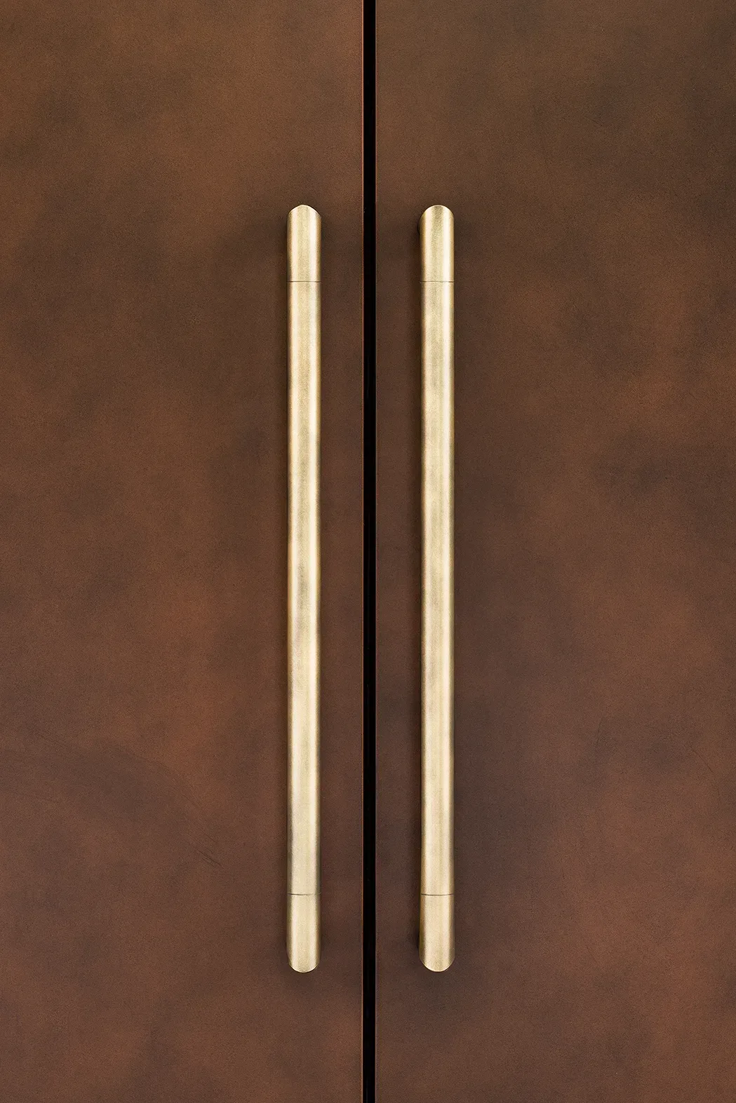 A pair of brass pull handles on a patinated bronze door